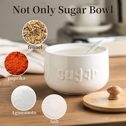 LYEOBOH Sugar Bowl with Lid and Spoon,17 OZ Sugar Jar, Ceramic Jar with Lid, Sugar Container for Coffee Bar, Sugar Bowls for Countertop, Azucarera for Farmhouse Home and Kitchen, White
