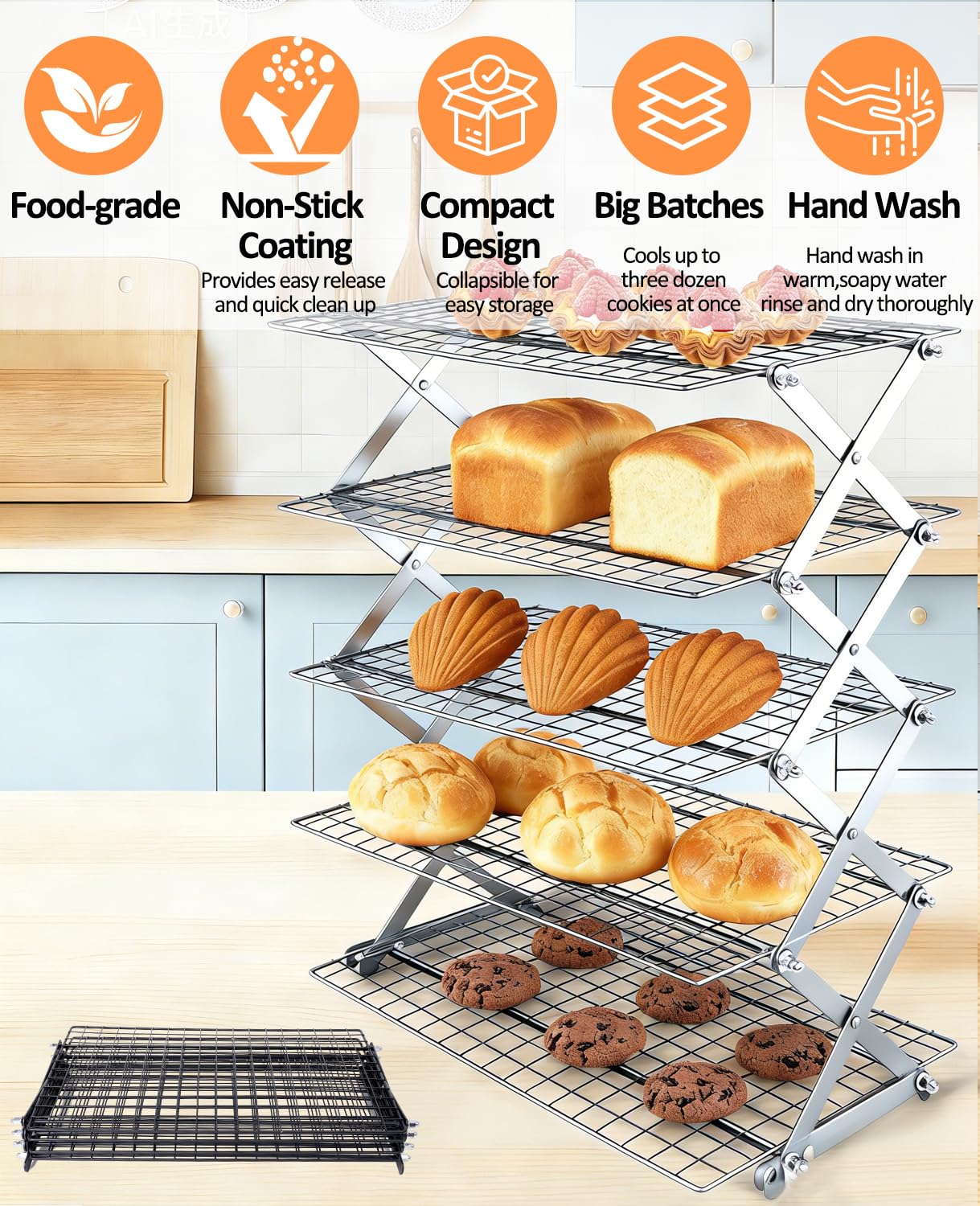 5 Tier Collapsible Cooling Rack, 2/3/4/5-Tier Upgraded,Adjustable ＆ Stackable Baking Rack, 5 Modes Cooling Racks for Cooking and Baking, Roasting ＆ Grilling Gifts for Picnic Party