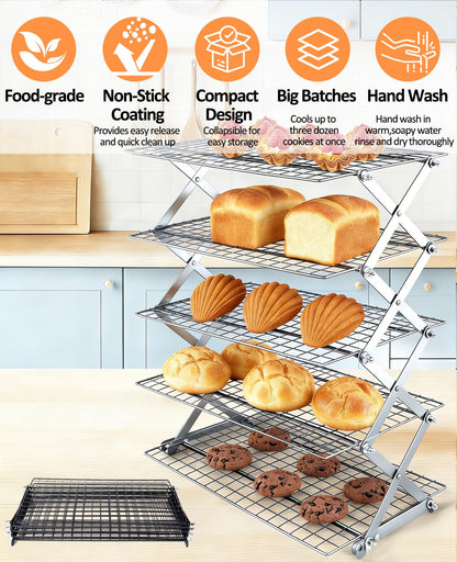 5 Tier Collapsible Cooling Rack, 2/3/4/5-Tier Upgraded,Adjustable ＆ Stackable Baking Rack, 5 Modes Cooling Racks for Cooking and Baking, Roasting ＆ Grilling Gifts for Picnic Party