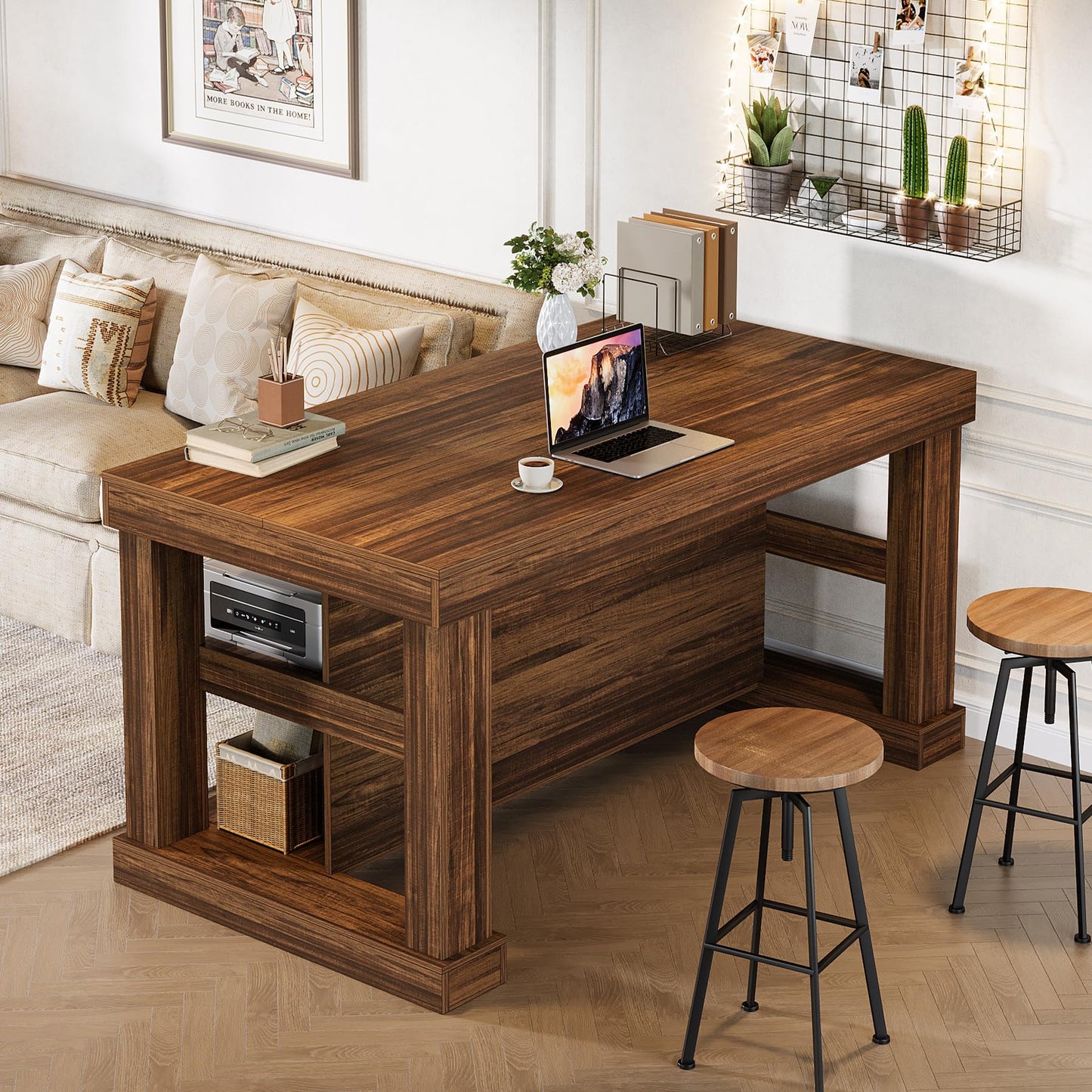 Tribesigns 55" Kitchen Island with Seating and Storage, 3-Tier Farmhouse Wood Stationary Island Table with Large Worktop & Leg Room, Coffee Bar Table with Storage Shelves for Kitchen, Dark Brown