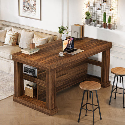 Tribesigns 55" Kitchen Island with Seating and Storage, 3-Tier Farmhouse Wood Stationary Island Table with Large Worktop & Leg Room, Coffee Bar Table with Storage Shelves for Kitchen, Dark Brown