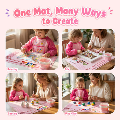 Zimuvora Silicone Painting Mat Set, Paint Mats for Kids with Foldable Silicone Cup, 4 Detail Paint Brushes, 2 Sponge Pads, Apron & Mixing Tool, Washable Art Table Mat (Pink)