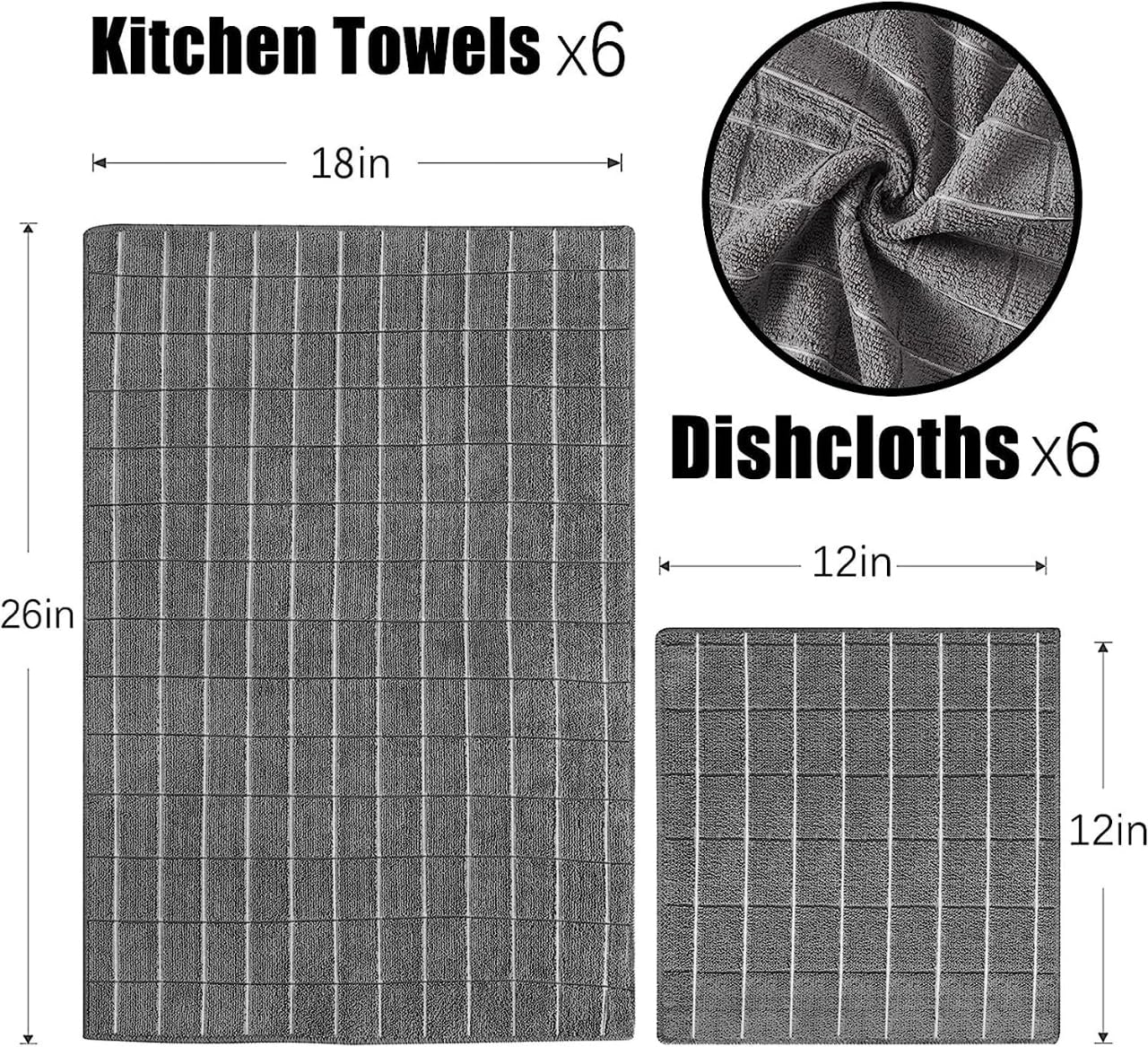 Puomue Microfiber Kitchen Towels and Dishcloths Set, 26 X 18 Inch and 12 X 12 Inch, Set of 12 Bulk Lint Free Dish Towels for Drying Dishes, Grey