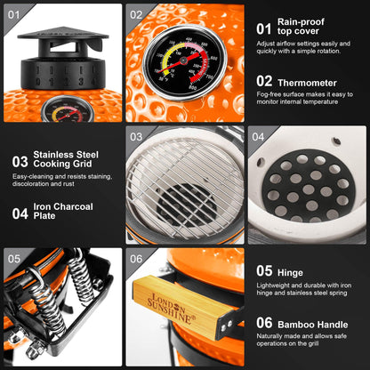 Upgraded 13 inch Ceramic Kamado Grill with Waterproof Air Vent Cap | Portable Tabletop Charcoal BBQ Grill Smoker for Outdoor Cooking, Patio, Camping | Orange