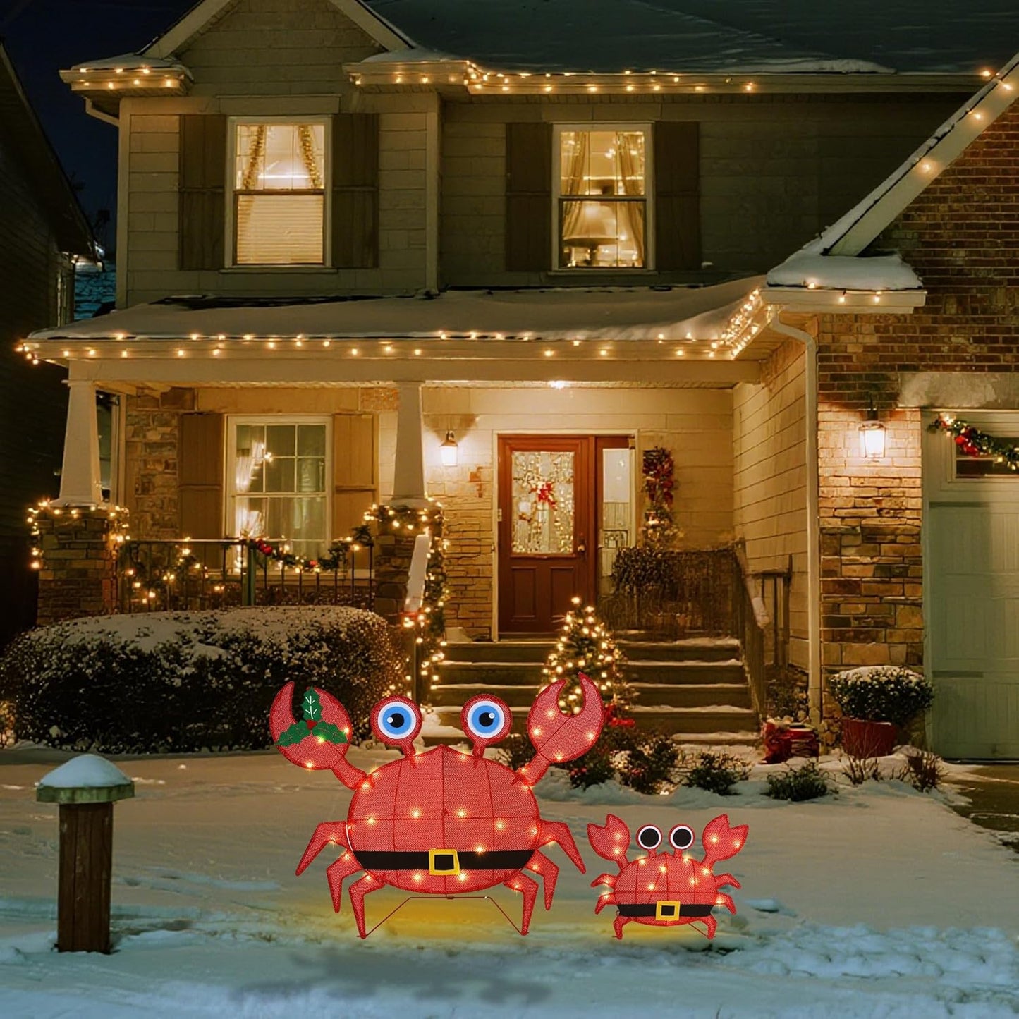 Set 2 2D Prsildan Outdoor Christmas Decorations - of LED Lighted Crab Yard Decor, Battery Operated Holiday Lawn Figures