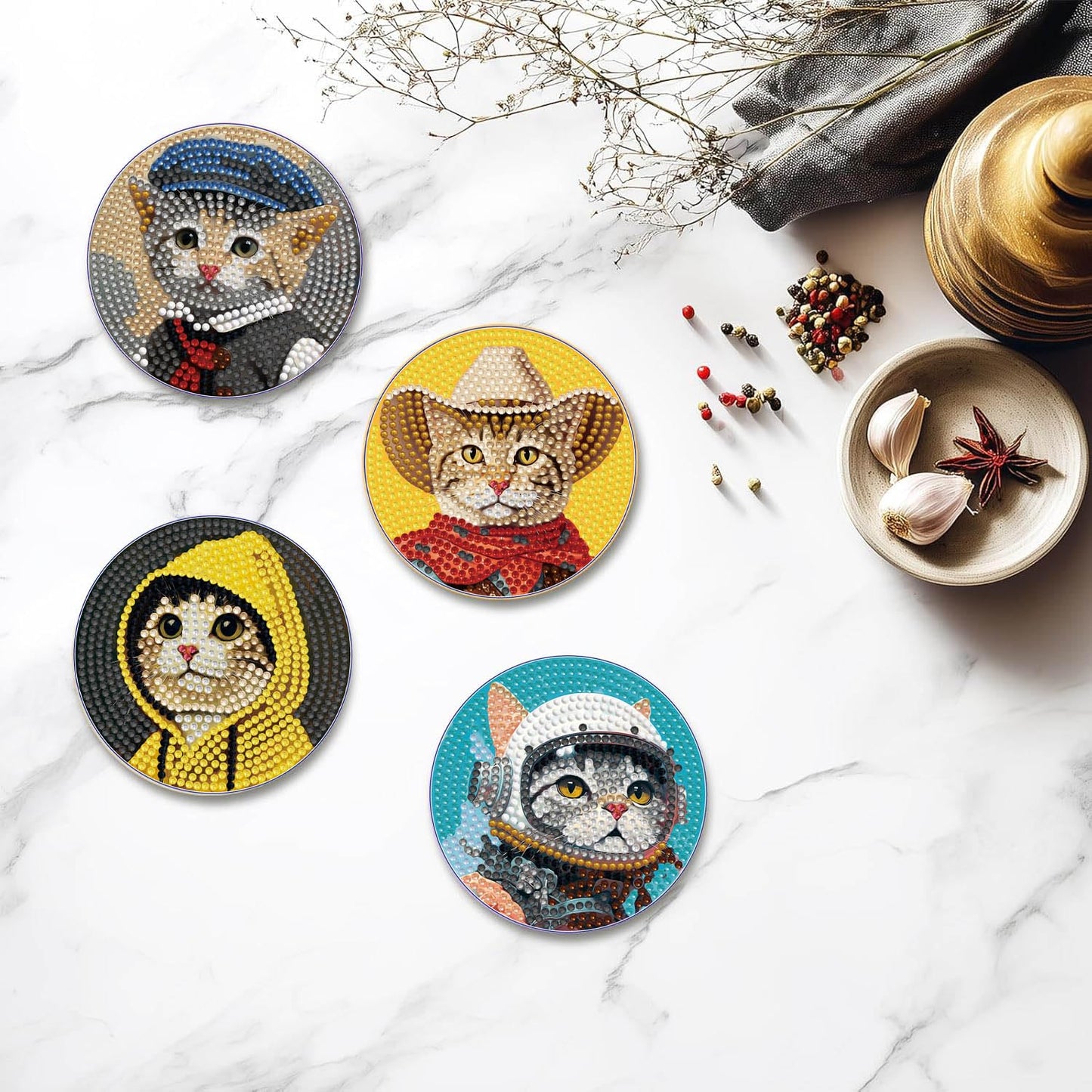 Dlylust 8 PCS Cat Diamond Art Coasters Kits, Diamond Painting Coasters with Holder Set of 8, DIY Drink Art Crafts Supplies for Adults Cup Mat House Warming Gifts Non-Slip 3.9inch