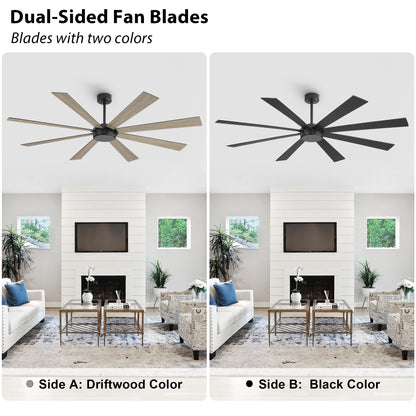 WINGBO 60" Black Ceiling Fan without Light, Modern Large Ceiling Fan with Remote Control, 6-Speed Reversible Noiseless DC Motor, Black/Driftwood Blades for Living Room, Bedroom & Covered Outdoor