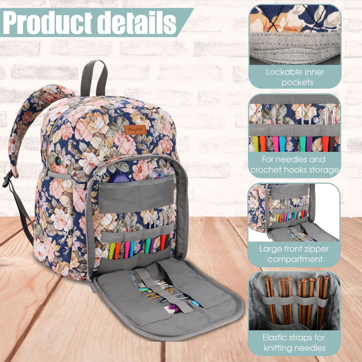 Hanfetch Yarn Storage Organizer Knitting Bag Backpack Large size with Grommets Portable Crochet Bag Yarn Keeper for Yarn Skeins， Crochet Hooks, Knitting Needles and Other Accessories (Peony)