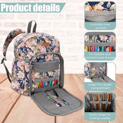 Hanfetch Yarn Storage Organizer Knitting Bag Backpack Large size with Grommets Portable Crochet Bag Yarn Keeper for Yarn Skeins， Crochet Hooks, Knitting Needles and Other Accessories (Peony)