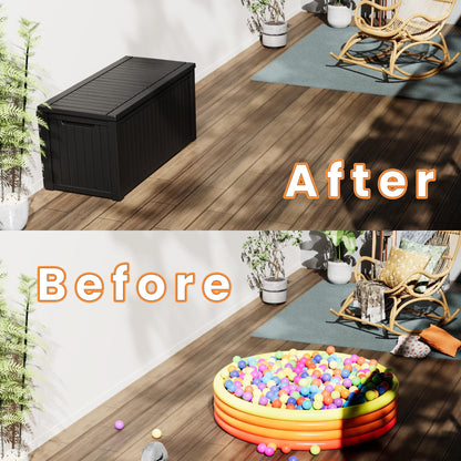 KDYMOD 320 Gallon Outdoor Storage Deck Box, Waterproof Resin Deck Boxes with Handle & Lockable for Patio Furniture, Garden & Pool Tools -Swimming Pool, UV Resistant, Black (320)