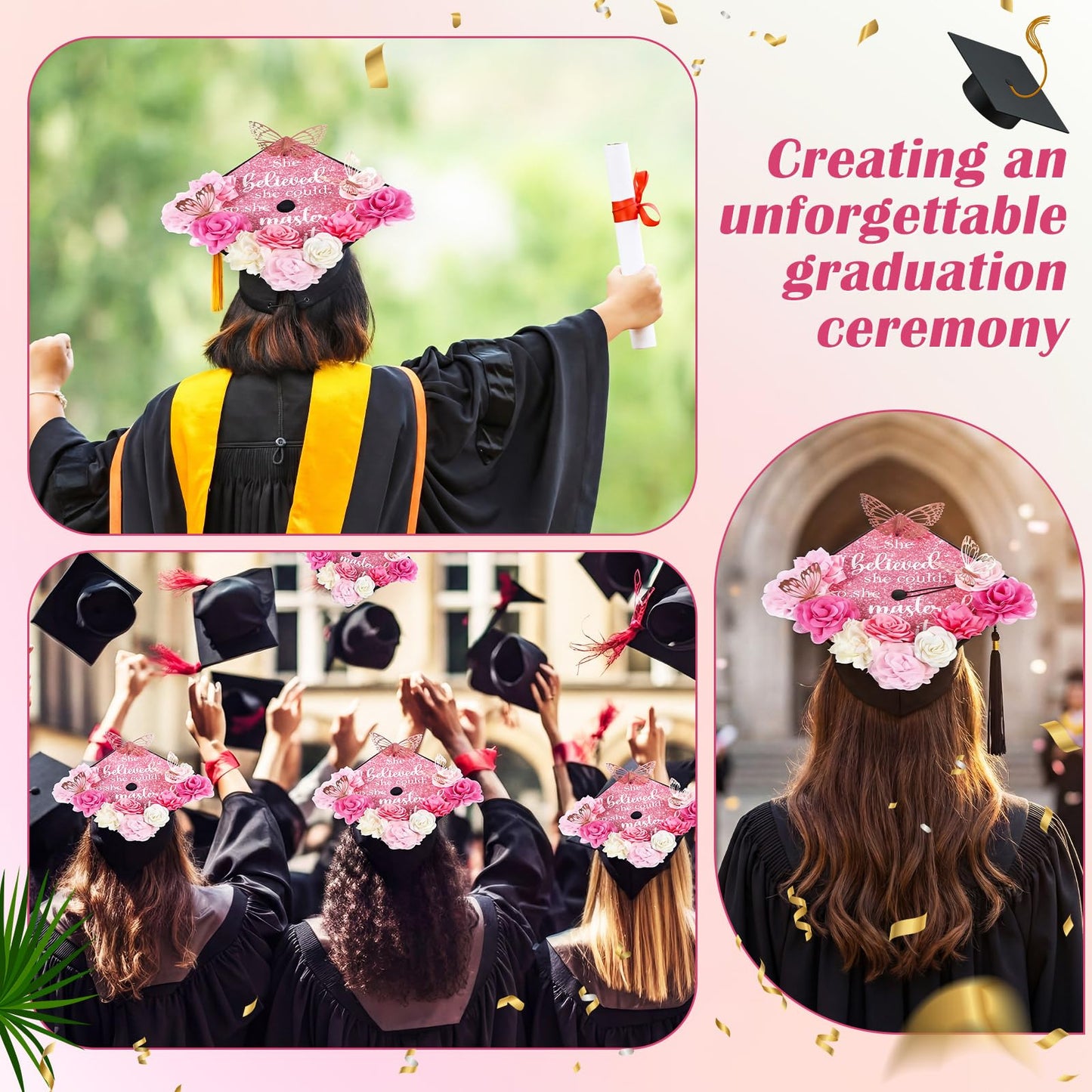 Gersoniel 34 Pcs DIY Graduation Cap Decorations Kit Included Artificial Flowers Inspirational Cardstock 3D Butterfly Alphabet Letter Stickers for 2026 Grad Party DIY Hat Grad Cap Topper(Pink)