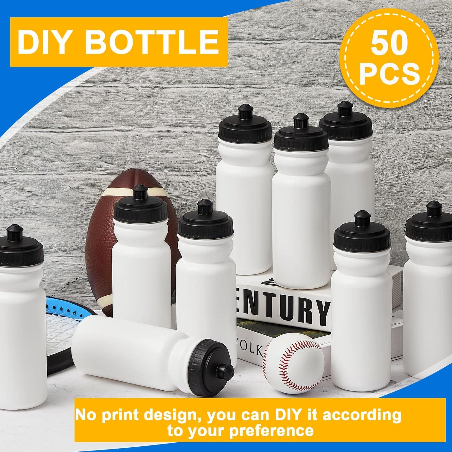 Suclain 50 Pieces Sports Water Bottles 20 oz Water Bottles Squeeze in Bulk Reusable Plastic Water Bottles BPA Free Blank Water Bottles for Major Sporting Events Adults(Black-White)