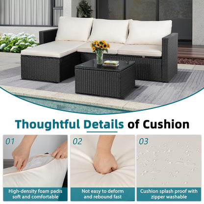 SUNLEI Patio Furniture Set with Detachable Soft Cushions, Outdoor PE Rattan Patio Conversation Sofa Set, 3-Piece Patio Sectional Sofa with Glass Coffee Table, Black Rattan/White