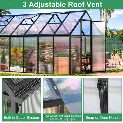 CDCASA 6x16 FT Greenhouse for Outdoors, Large Polycarbonate Greenhouse Aluminum Greenhouses w/Vent Window, Swing Door & Easy Assembly Walk-in Green House for Patio, Backyard, Garden, Black
