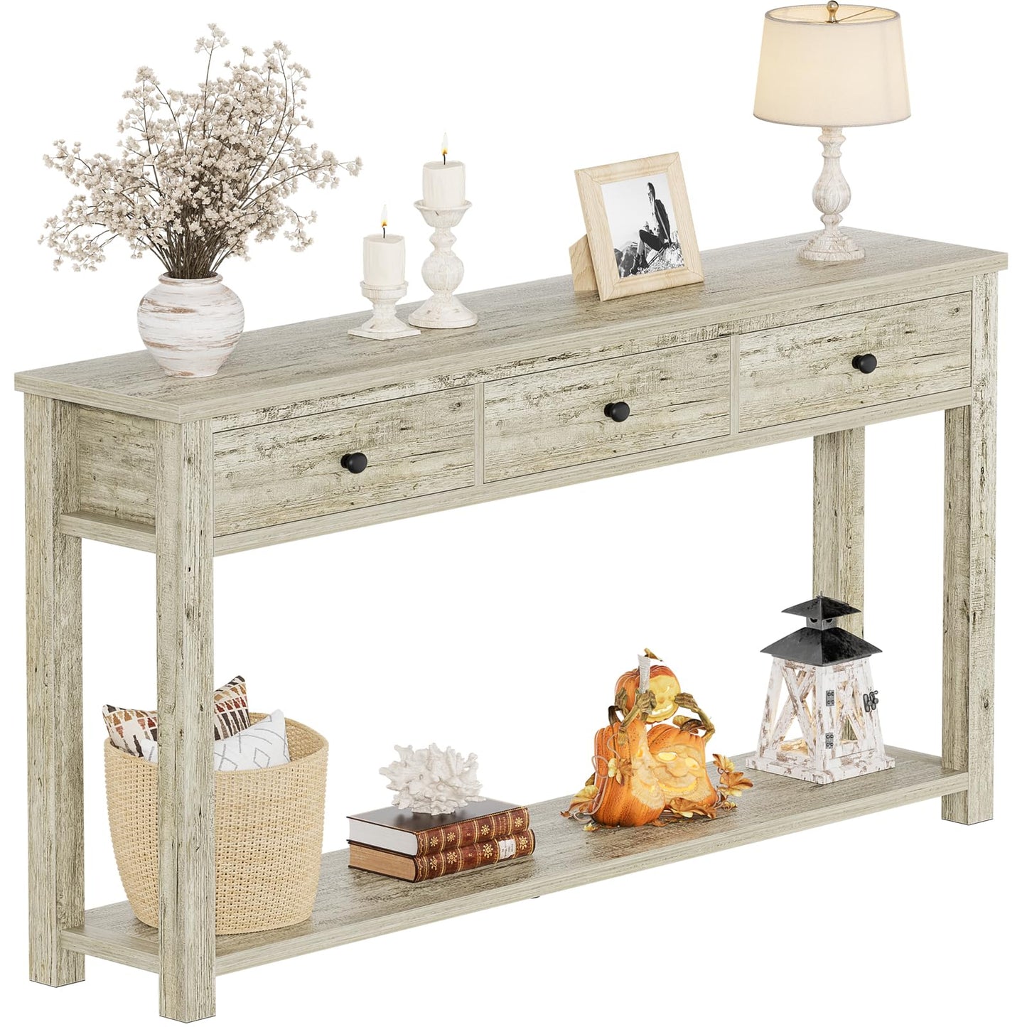 Homieasy Farmhouse Console Table with 3 Drawers, 47 Inch Wood Sofa Table with Storage Shelf for Living Room, Behind Couch, Entryway Table for Hallway, Living Room, or Foyer, Light Rustic Oak