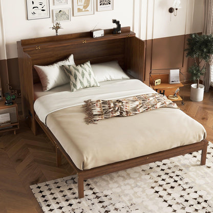 PVWIIK Queen Size Murphy Bed Cabinet with Power Station & Large Drawer for Bedroom,Pine Wood Folding Chest Bed with Rattan Panel, Space-Saving Wall Bed, Walnut