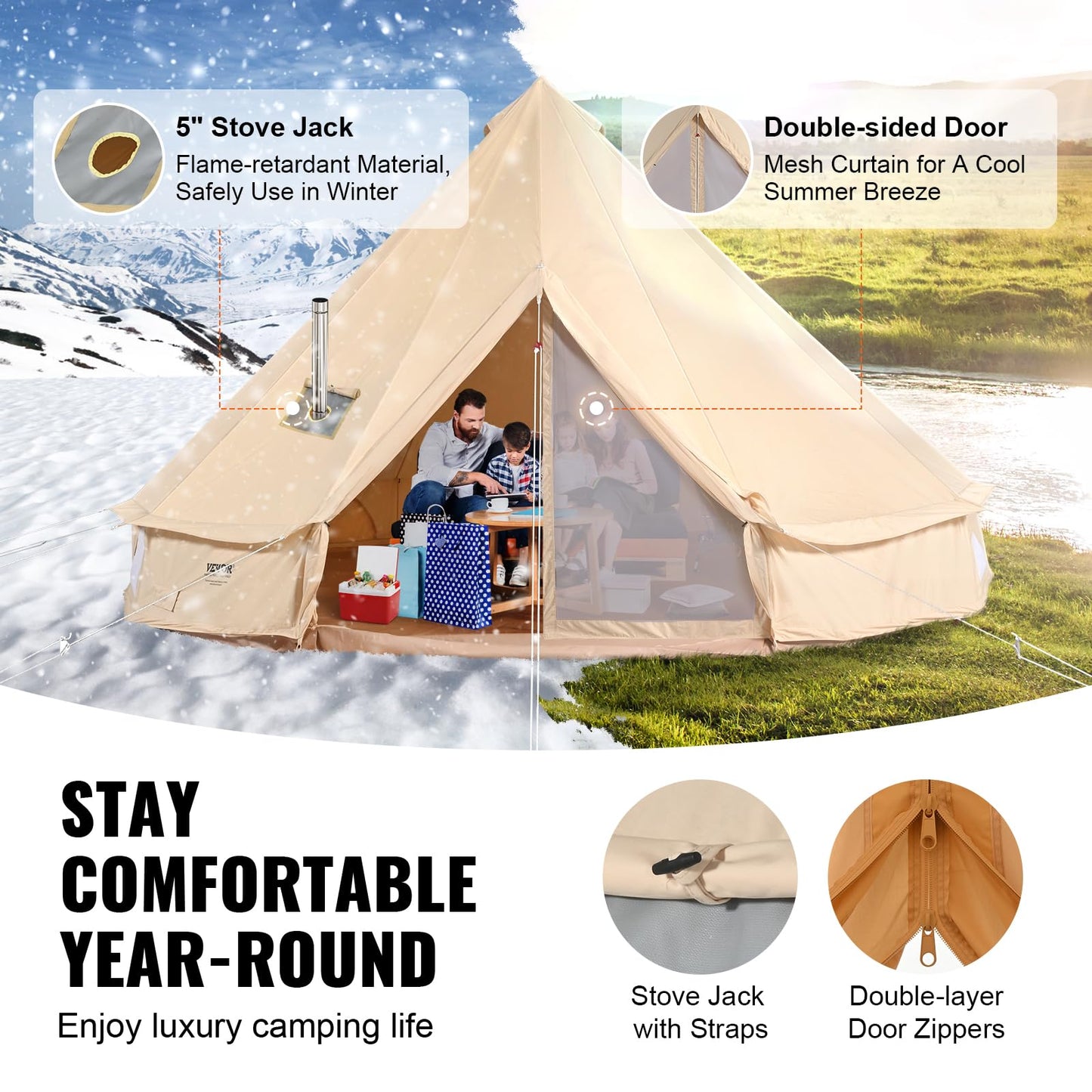 VEVOR Canvas Bell Tent, 4 Seasons 6 m/19.68 ft, Canvas for Camping with Stove Jack, Breathable Holds up to 10 People, Family Camping Outdoor Hunting Party