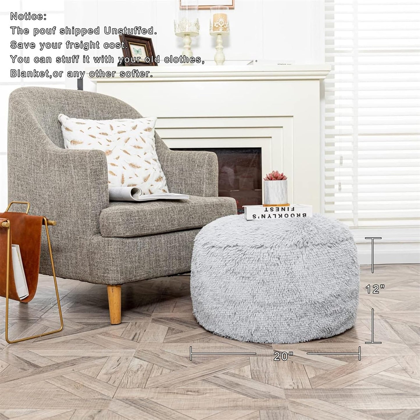20x20x12 Inches Asuprui Fur Ottoman Stool Unstuffed Footstool Cover Floor Pouf Foot Rest No Filler Round Poof Seat
