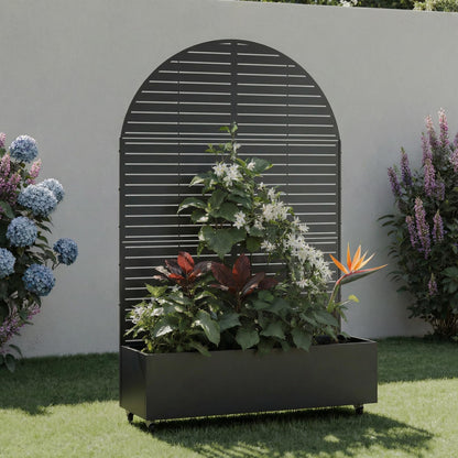 Metal Raised Garden Bed with Trellis and Wheels, 71"x47"x16" Planter Box with Privacy Screen & Drainage Holes, Arched Outdoor Garden Bed for Climbing Plants, Vegetables, Flowers (Black-Louvered)