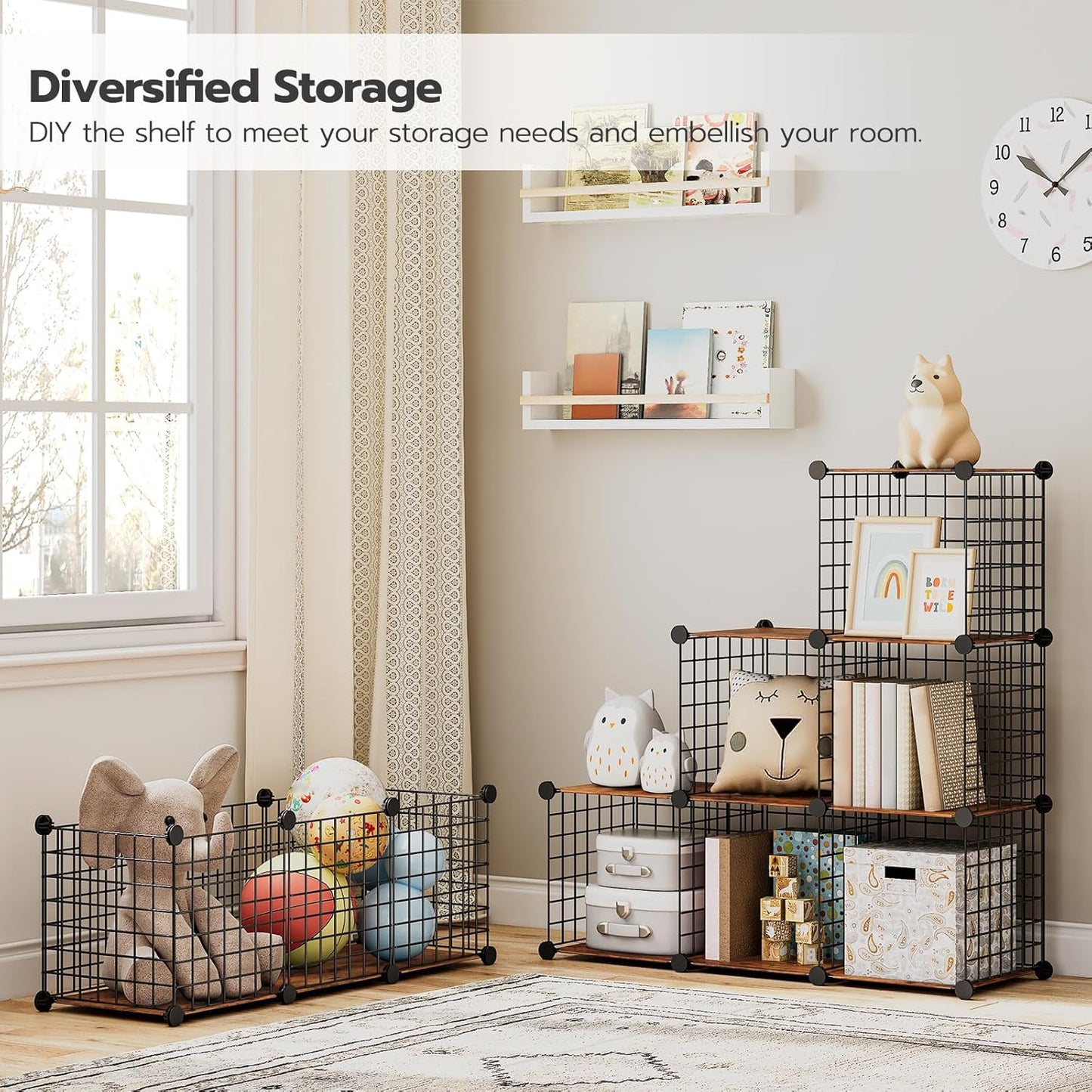 HOOBRO 9-Cube Wire Storage Organizer, Metal Grid Shelf, Modular Cabinet for Living Room, Bedroom, Rustic Brown and Black