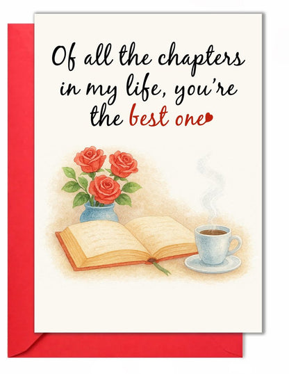Anniversary Card – Romantic Greeting Card with Roses, Book & Coffee Design – 5x7 Inch Folded Card with Envelope & Sticker – Love Card for Husband, Wife, or Couple – Valentines Day or Wedding Anniversary