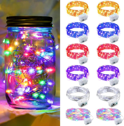 12 Pack 7Ft 20 Day,6-Colors Fairy Lights LED Twinkle String Lights Battery Operated Waterproof Firefly Starry for Mason