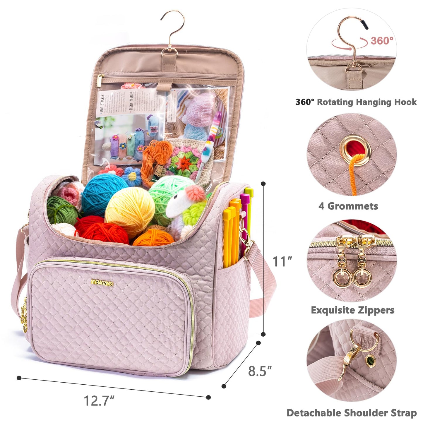 MYBAGZING Crochet Bag Organizer - Quilted Storage Bag with Hanging Hook, Ideal for Knitting & Crochet Accessories