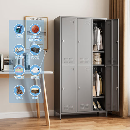 METALYEYE 6 Doors Metal Storage Lockers for Employees,Industrial Steel Storage Locker with 18 Hooks & Air Hole for Gym,School,Garage,Office,Assembly Required,Dark Gray,72''H*35.43''W*15.75''D