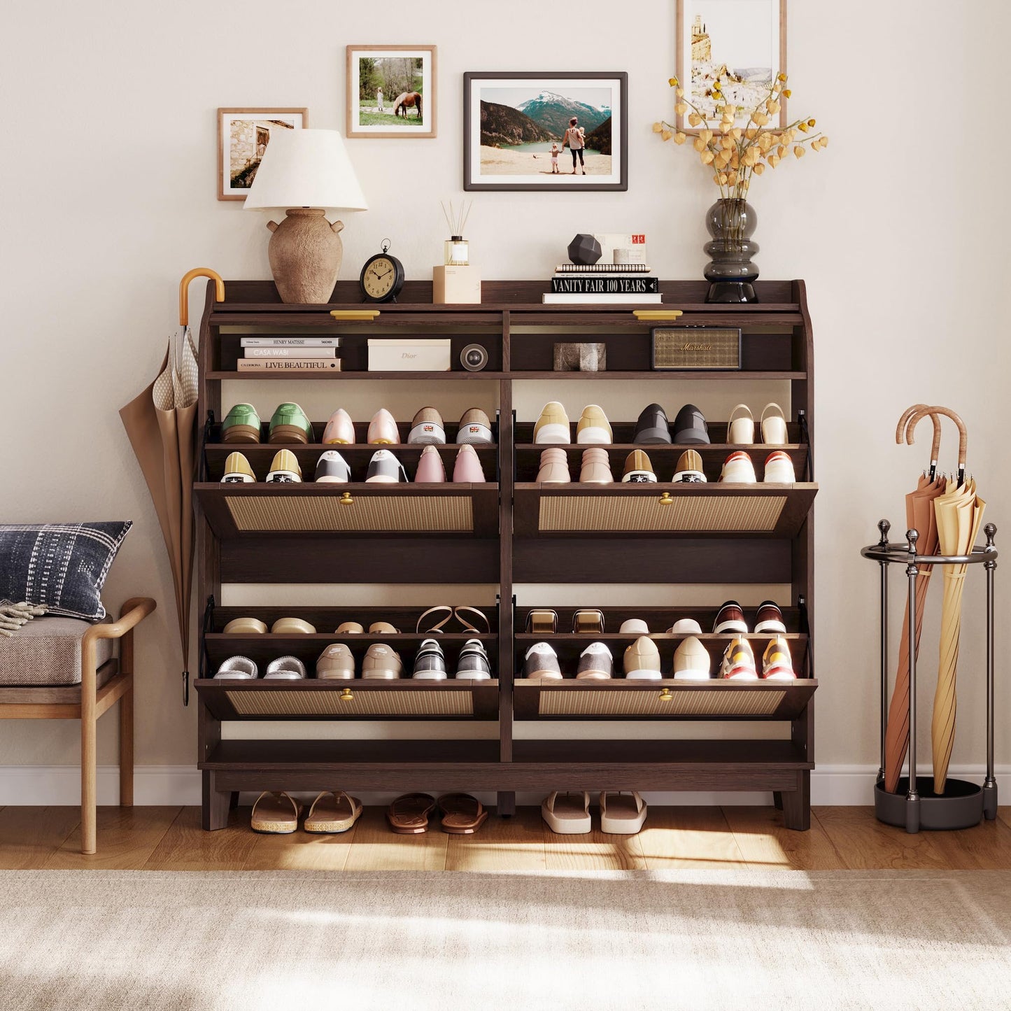 LINSY Shoe Storage Cabinet, Rattan Shoe Cabinet Flip Drawer Shoes Rack Cabinet with Sliding Tambour Door, Large Shoe Cabinets Mid Century Modern Hidden Shoe Storage Organizer for Entryway, Walnut