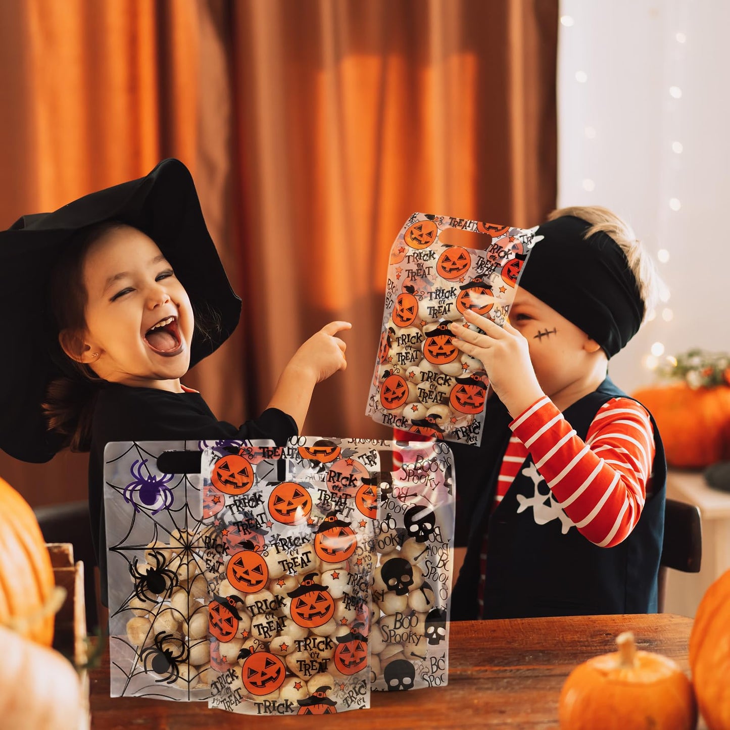 Resholder 60 Pcs Halloween Sealing Gift Bags Plastic Halloween Candy Goodie Bags with Handle Trick or Treat Party Favor Handbags for Spooky Birthday Party Supplies