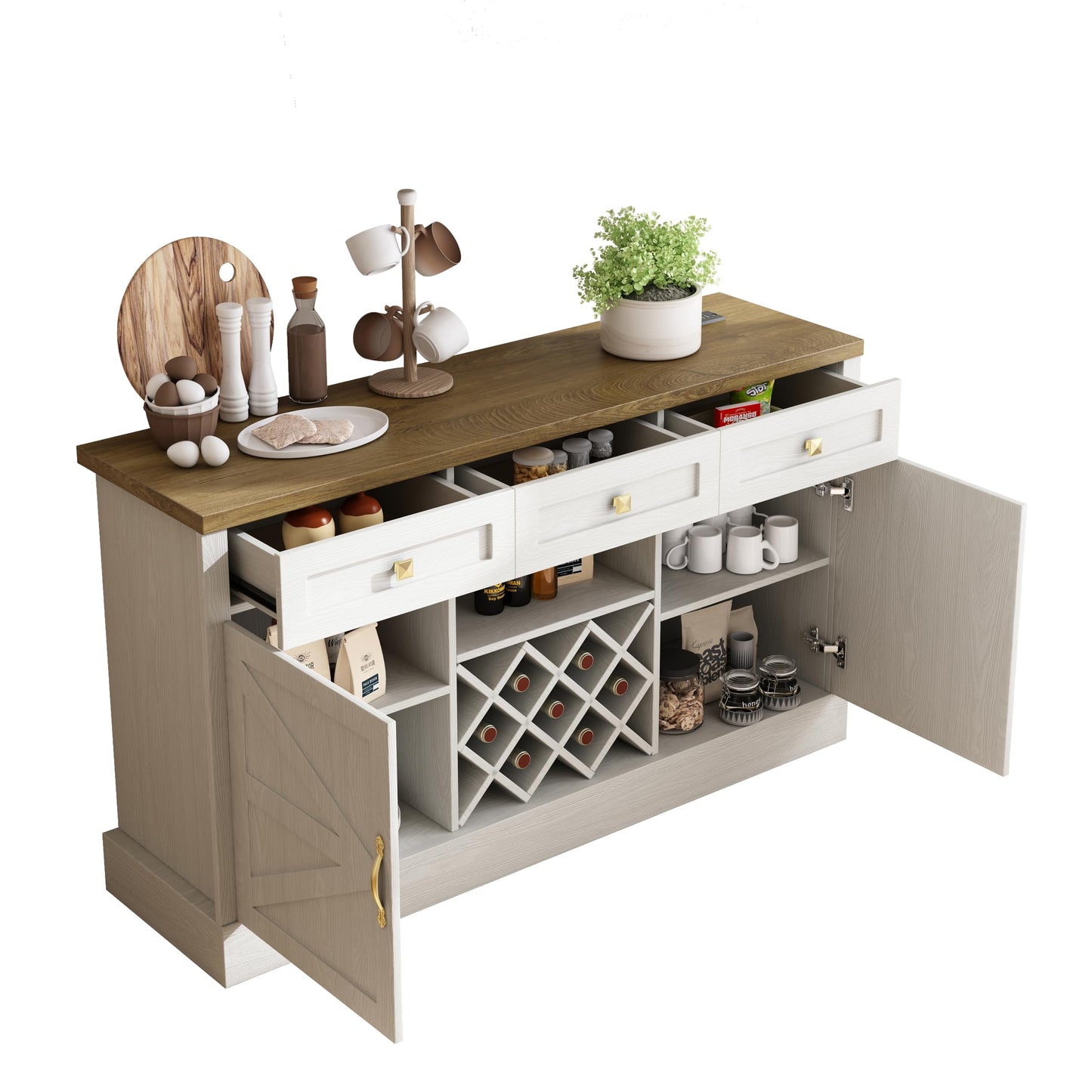 JGOEI 55.12" Kitchen Cabinet Storage, Farmhouse Coffee Bar with Power Outlet, Wood Cabinet with 3 Drawer, Removable Wine Rack for Dining Room, Kitchen, Living Room, White