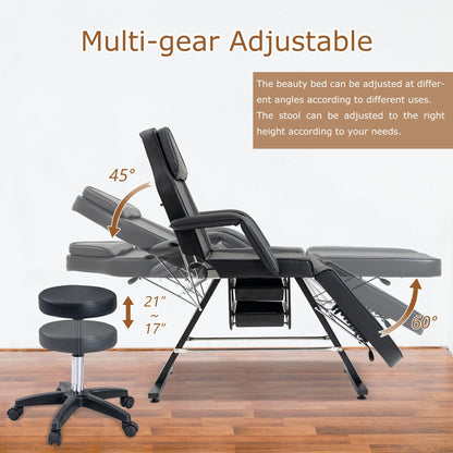 VroomAuto Professional 3-Section Hydraulic Facial Bed & Massage Chair with Stool, Adjustable Esthetician Table for Spa, Tattoo, Beauty Salon, Black