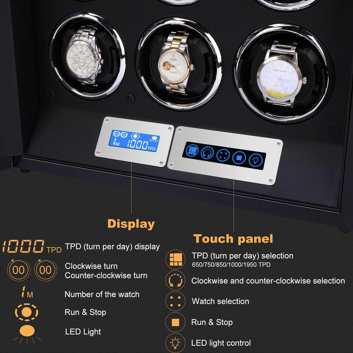 SNEOLTJN Watch Winder for 9 Slots Automatic Watches,Ultra-Quiet Japanese Motors, Built-in LED Illumination and LCD Touchscreen Control