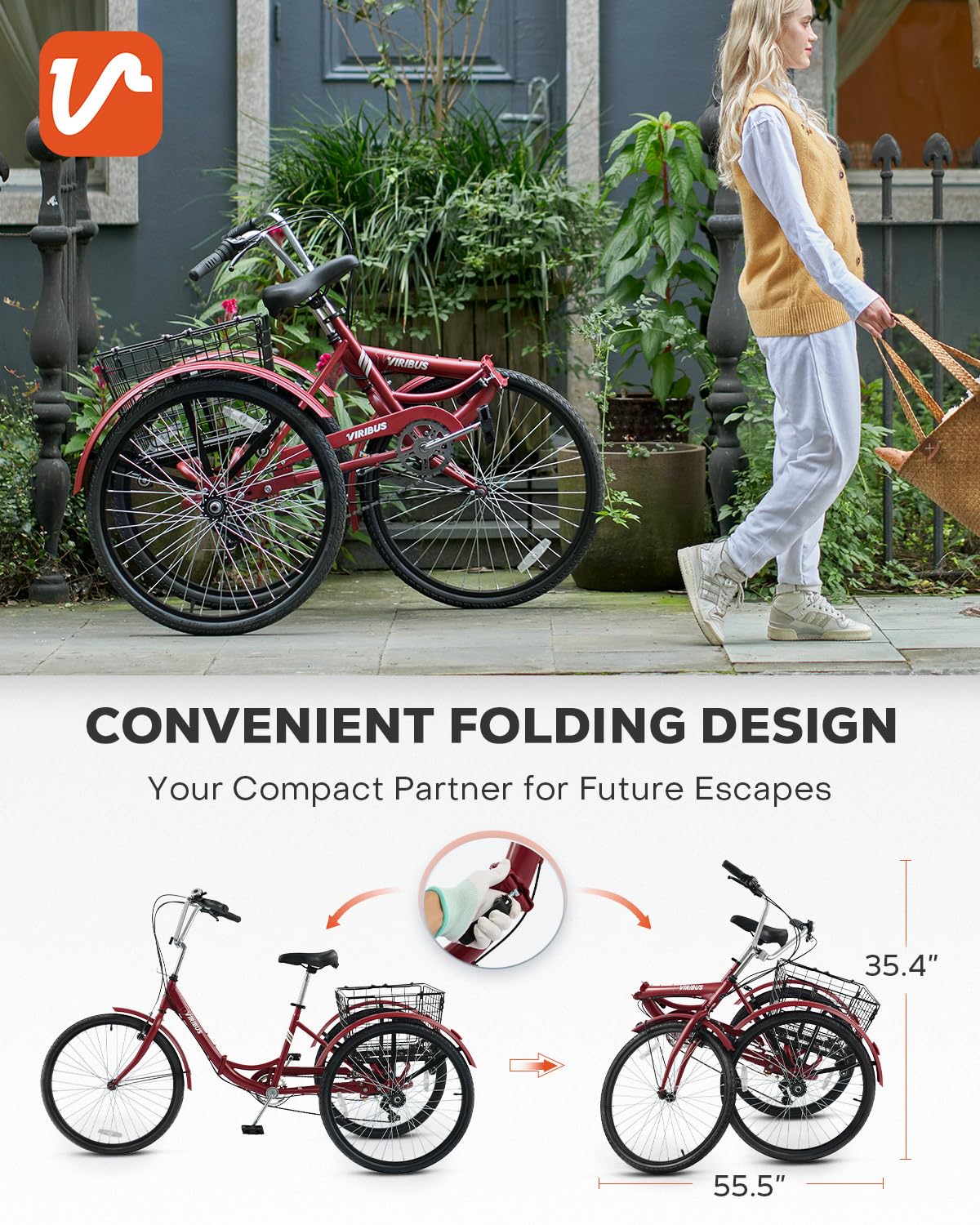 VIRIBUS Folding Tricycle for Adults, 7 Speed Folding Adult Tricycle with Detachable Wheeled Basket, Foldable 3 Wheel Bikes for Adults Women Female Seniors, Collapsible Trike, 24 inch Red, 330 lb.