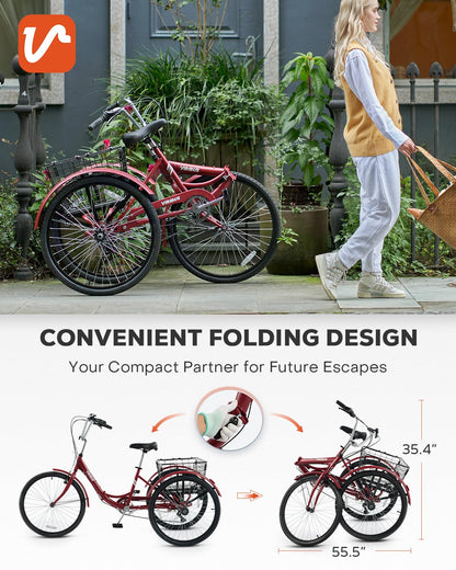 VIRIBUS Folding Tricycle for Adults, 7 Speed Folding Adult Tricycle with Detachable Wheeled Basket, Foldable 3 Wheel Bikes for Adults Women Female Seniors, Collapsible Trike, 24 inch Red, 330 lb.