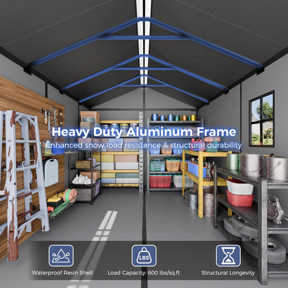 CDCASA 8x8x7 FT Resin Shed with Floor Included, Steel‑Reinforced Large Waterproof Outdoor Storage Sheds with Base & Lockable Door & Window & Vents, Outside Plastic Tool for Outside Patio Backyard