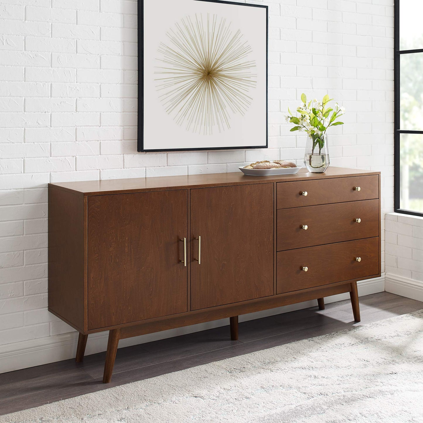 Walker Edison Mid-Century Modern Wood Kitchen Buffet Sideboard Entryway Serving Storage Cabinet Doors Dining Room Console, 70 Inch, Walnut