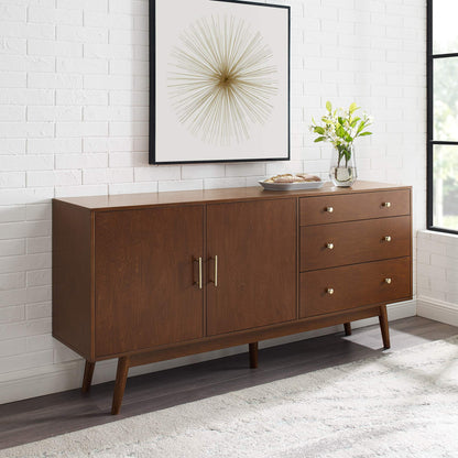 Walker Edison Mid-Century Modern Wood Kitchen Buffet Sideboard Entryway Serving Storage Cabinet Doors Dining Room Console, 70 Inch, Walnut