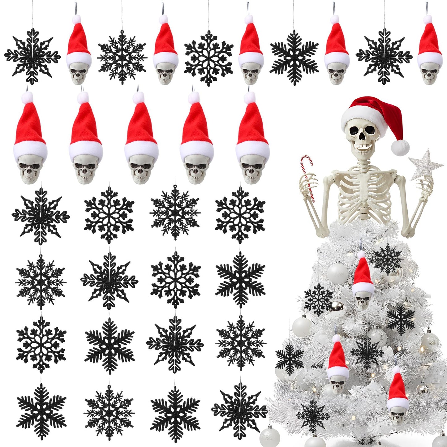 Hestya 36 Pcs Gothic Christmas Tree Ornament Mini 3D Christmas Skull with Santa Hat Hanging Ornaments Black Snowflakes Xmas Tree Hanging Decoration for Xmas Holiday Party Supplies, 1.77 x 5.1 Inch