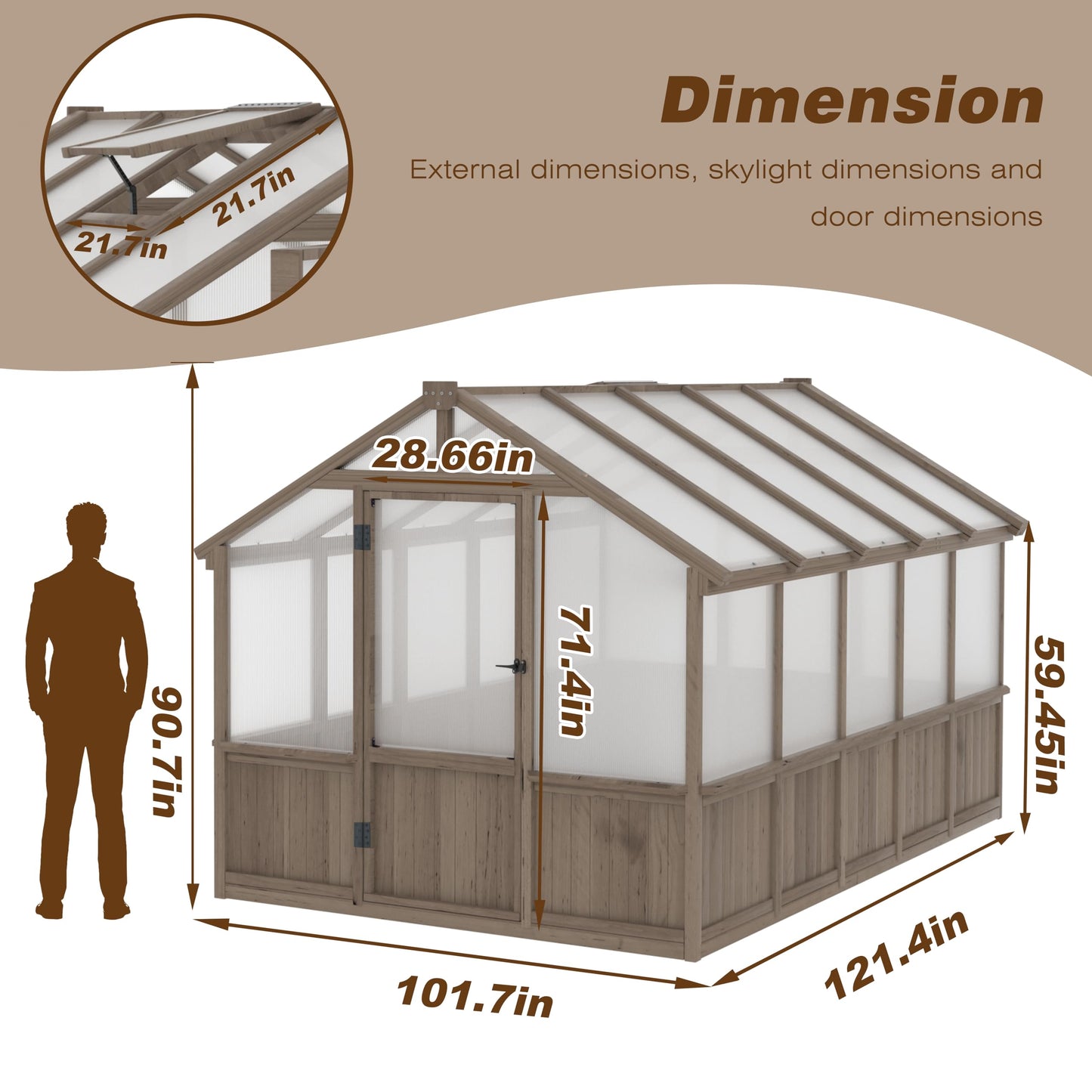 Yardenaler 8x10 FT Greenhouse Kit with 6MM Thick Polycarbonate Panel for Outdoor, Wooden Walk-in Green House with Adjustable Roof Vent and Lockable Door, Backyard, Garden, Light Mocha Brown