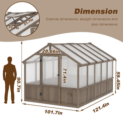 Yardenaler 8x10 FT Greenhouse Kit with 6MM Thick Polycarbonate Panel for Outdoor, Wooden Walk-in Green House with Adjustable Roof Vent and Lockable Door, Backyard, Garden, Light Mocha Brown