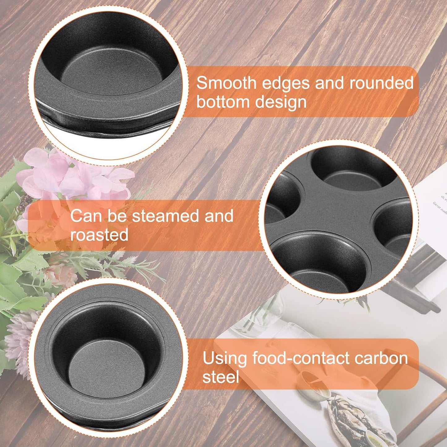uxcell 6-Cup Non-Stick Cupcake Pan, Round Muffins Baking Pan, Carbon Steel Cake Molds for Baking, Grey
