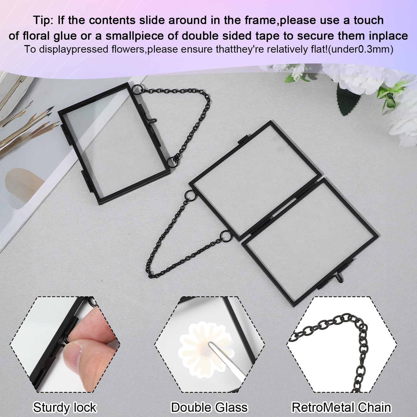 6 Pcs Pressed Flower Frames, Double Glass Hanging Picture Frame With Chain, 3.5 X 2.5 Inches Black Brass Floating Frame for Dried Flowers, Artwork, Photos, DIY Home Wall Art, Horizontal Vertical