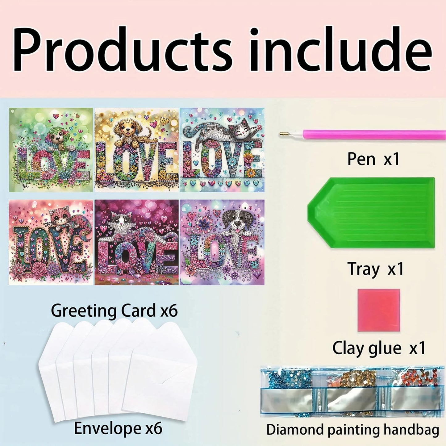 Sulunmo 6pcs DIY Diamond Art Cards Kits for Adults, 5D Diamond Greeting Cards Kits Art Birthday Cards Birthday Gifts for Families, Friends, Partners (Love (With Envelope))
