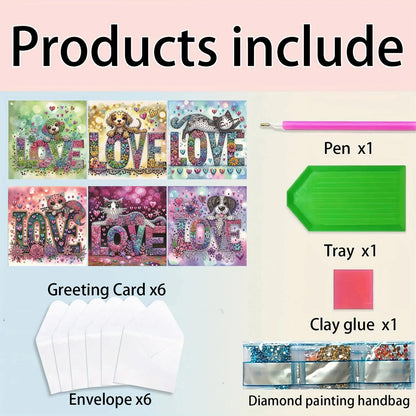 Sulunmo 6pcs DIY Diamond Art Cards Kits for Adults, 5D Diamond Greeting Cards Kits Art Birthday Cards Birthday Gifts for Families, Friends, Partners (Love (With Envelope))