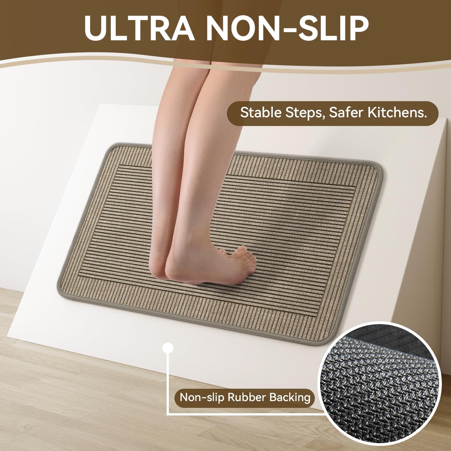 QiCaiJia Kitchen Rugs Set of 2,Kitchen Mats for Floor, Runner Rugs Non Slip Washable Absorbent Kitchen Floor Mat, Braided Kitchen Sink Rug, 17''x30''+17''x47'' Brown
