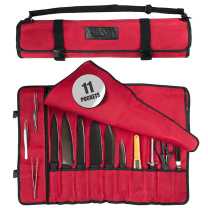 Asaya Waxed Canvas Chef Knife Roll Bag with 10 Slots and a Zipper Pocket - Professional Chef Knife Bag & Storage Case, with Shoulder Strap - Knives Not Included (Red)