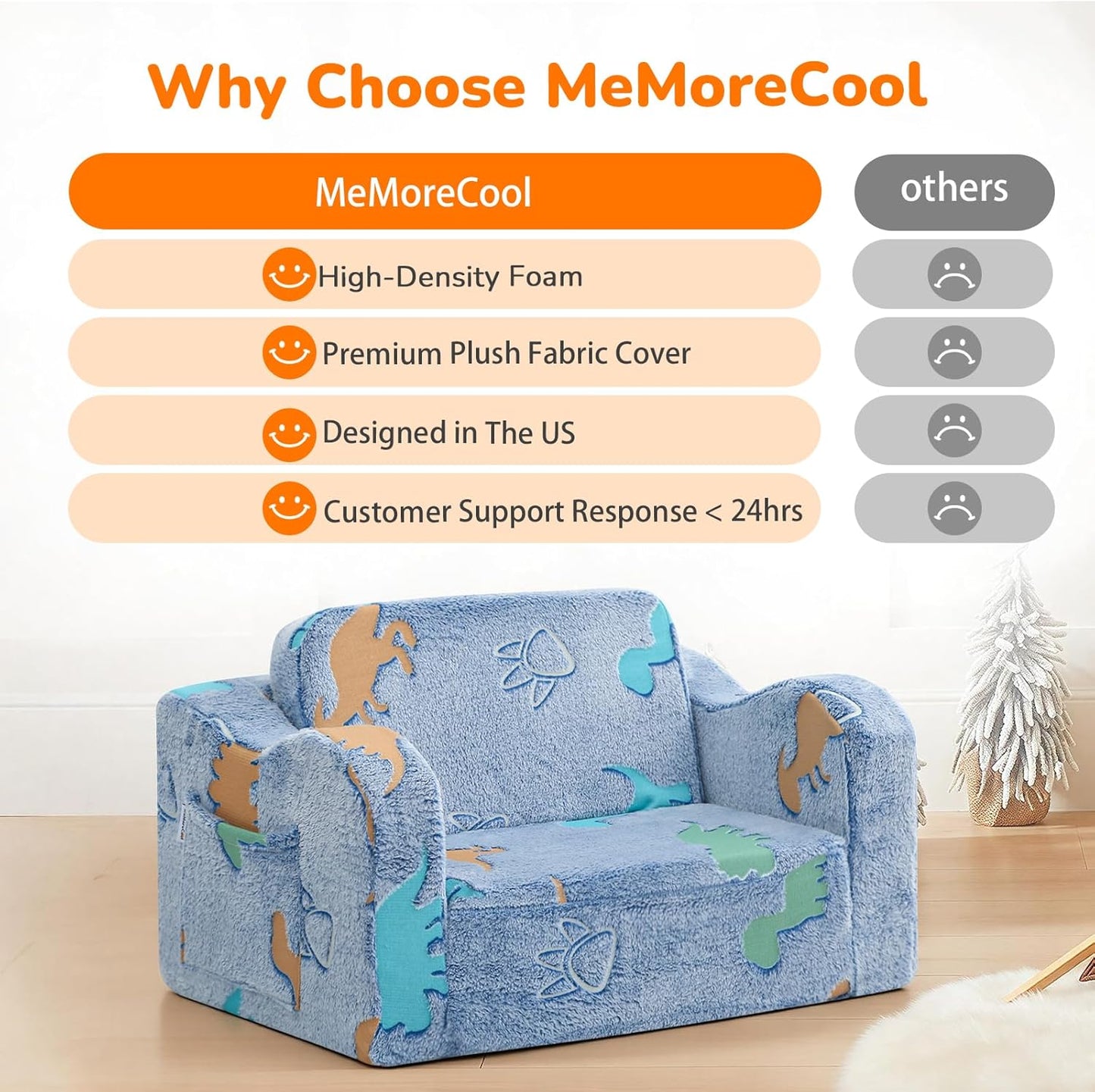 1-3, 2-in-1 MeMoreCool Glowing Dinosaur Kids Chair, Glow-in-the-Dark Kids Couch for Boys Ages Convertible Fold-Out Sofa