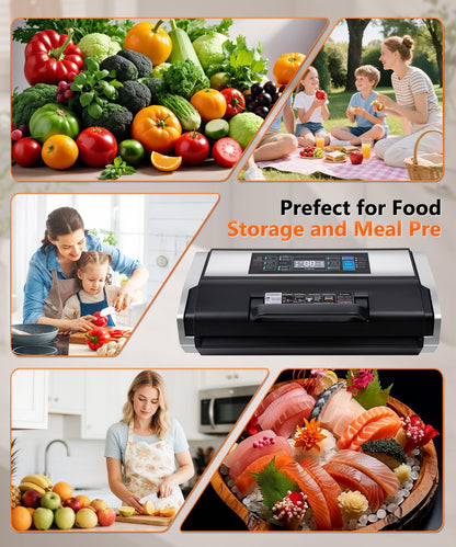 95KPa Vacuum Sealer Machine- Fully Automatic Commercial Food Sealer with 10-in-1 System, Double Heat Seal, Easy-Lock Handle & Built-in Cutter, Includes 1 Roll + 15 Bags (Black Silver)