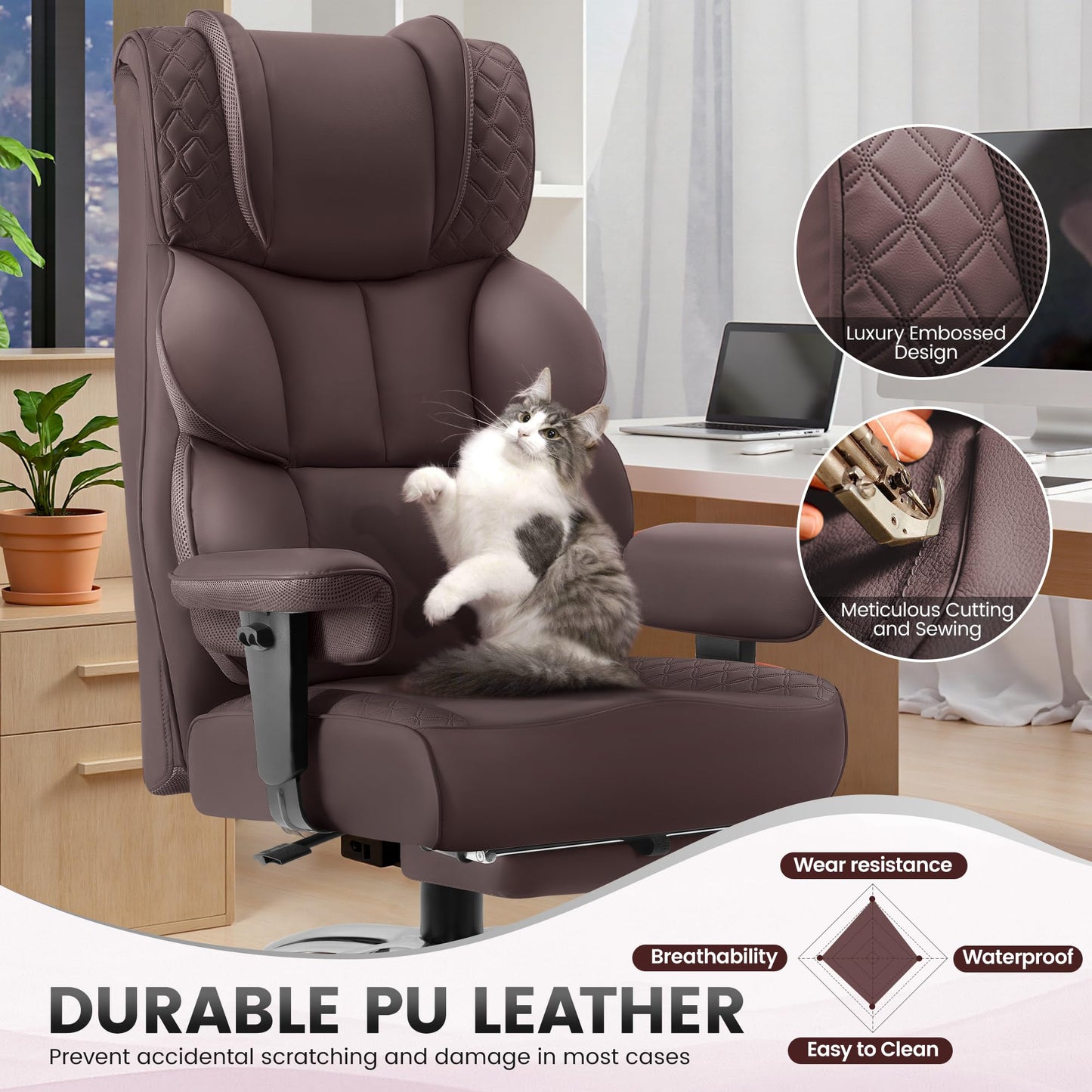 BestGlory Office Desk Chair, Big and Tall Leather Gaming Chair with Footrest, Wide Ergonomic Comfy Executive High-Back Reclining Computer Chairs, Swivel Rolling Wheels and Padded Lumbar Support,Coffee